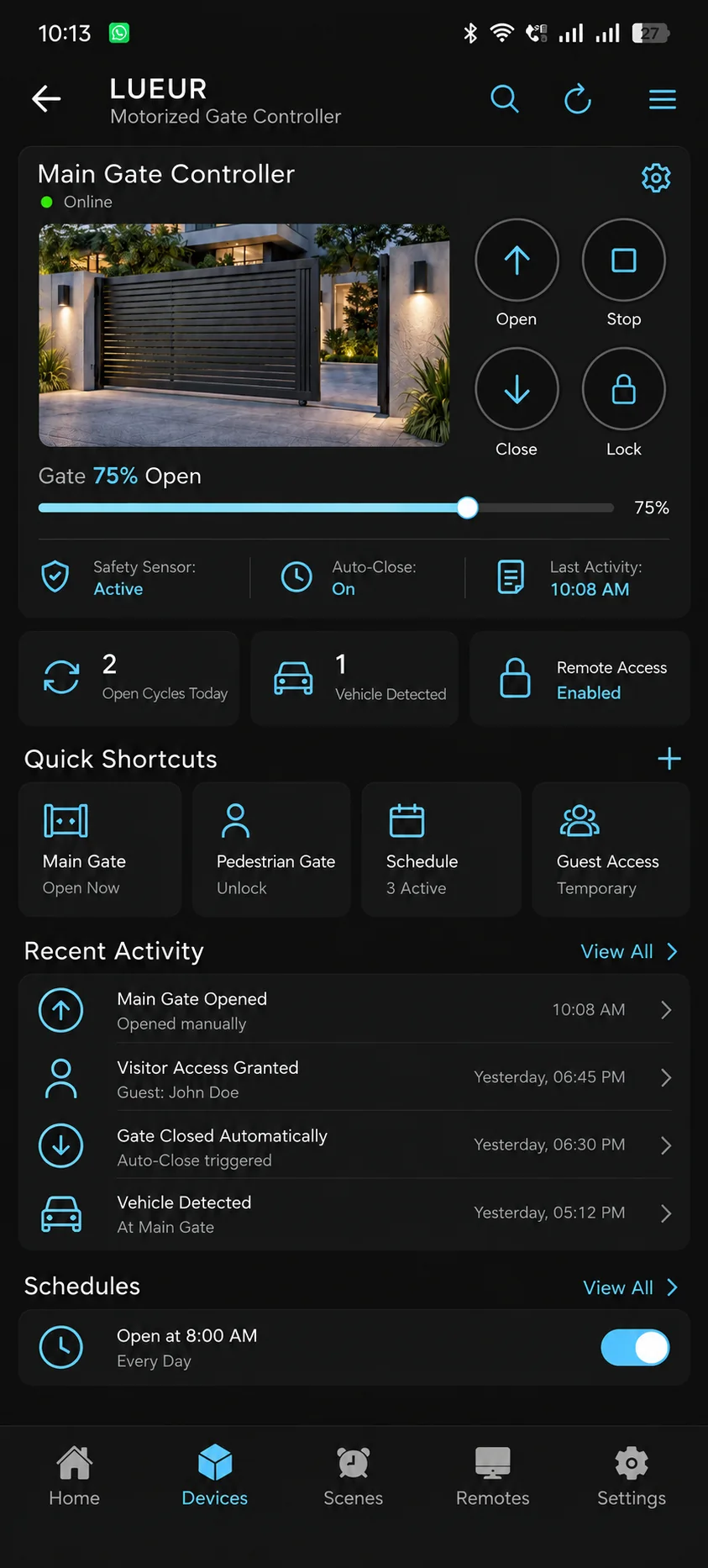 LUEUR Motorized Gate Controller app with open, stop, close and lock controls