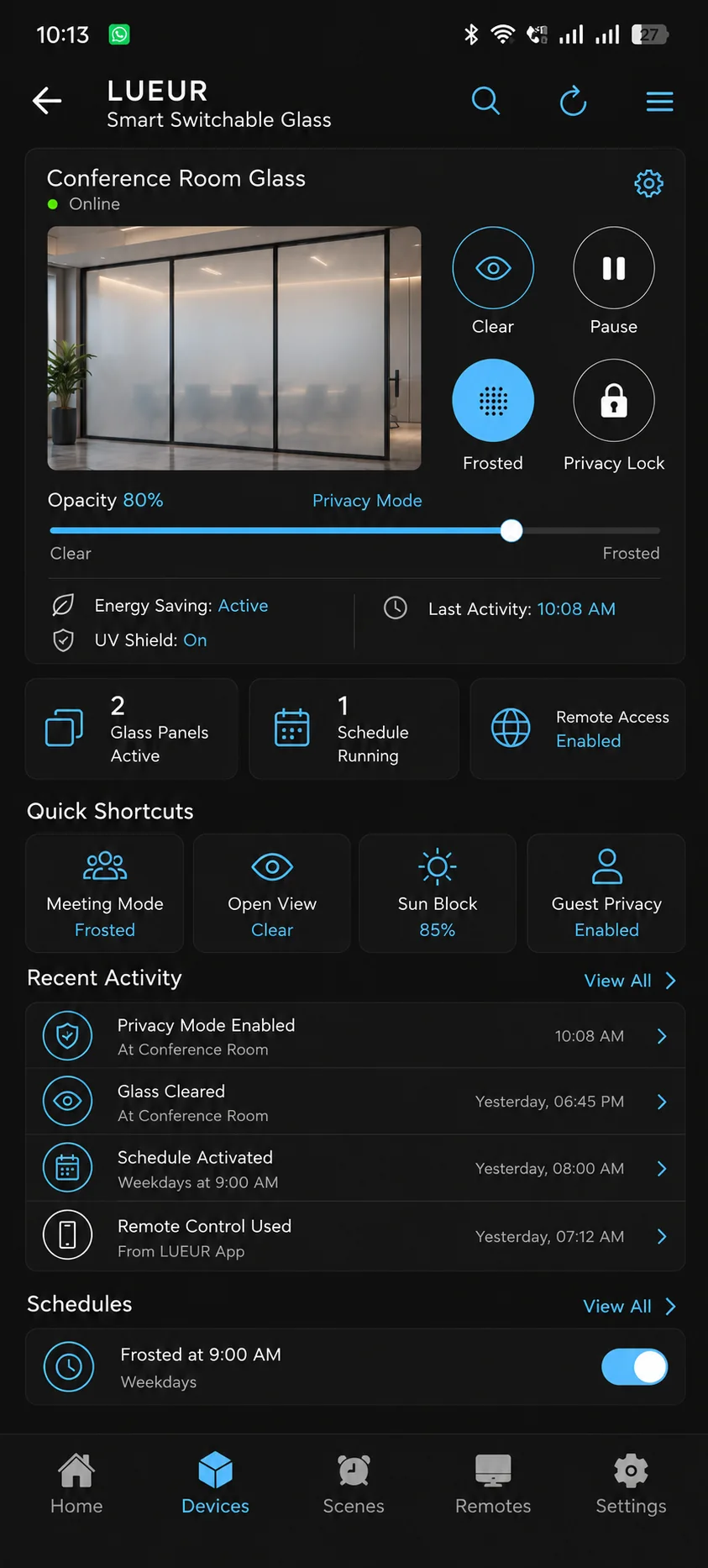 LUEUR Smart Privacy Glass app with clear, frosted and privacy controls