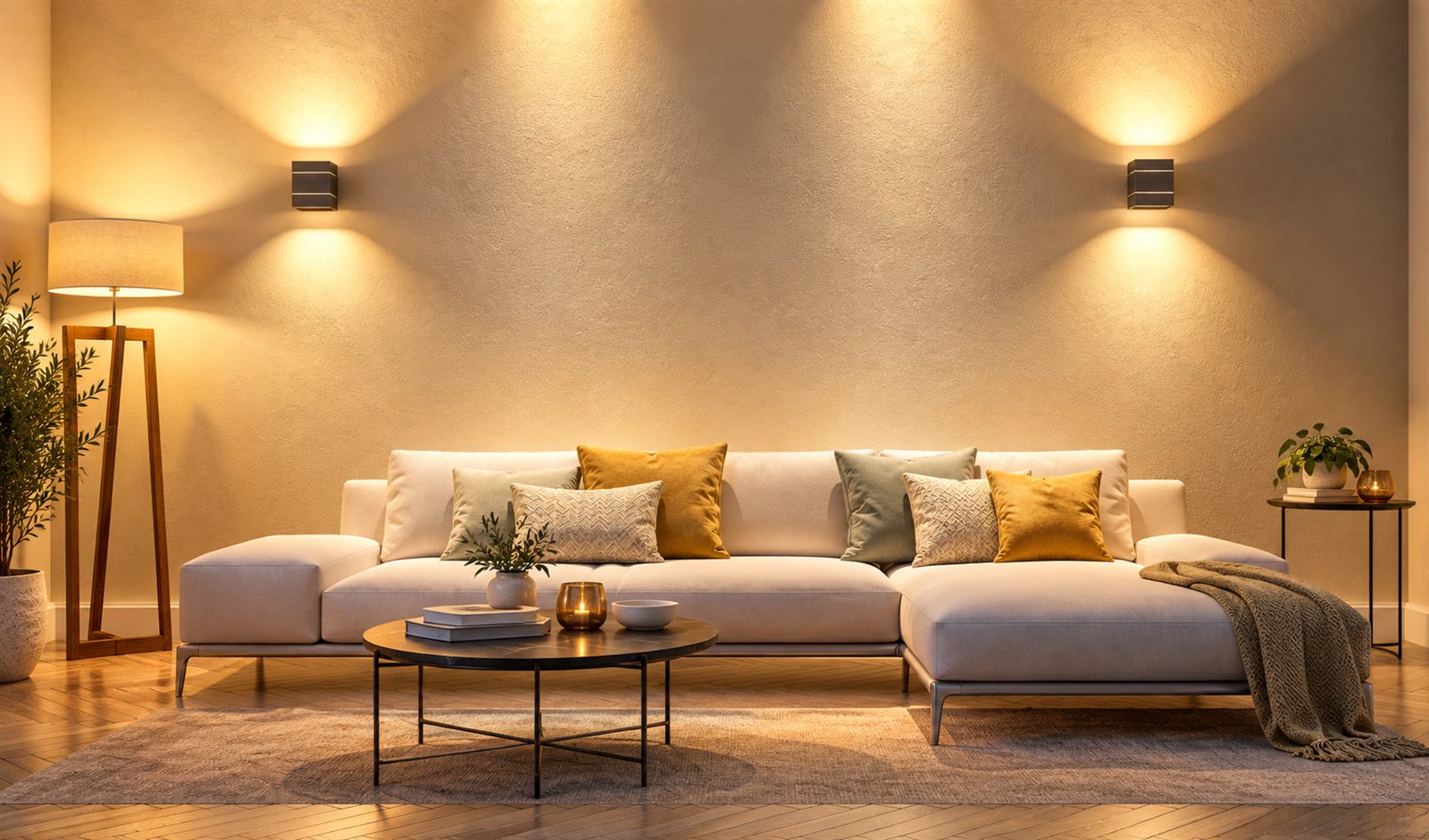 Living room with warm smart lighting